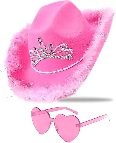 Cowboy Hat Pink Cowgirl Hat with Sequins & Tiara Crown for women Rodeo Party Hats with Heart Glasses
