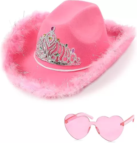 Cowboy Hat with Heart Shaped Sunglasses - Feather Cowgirl Hat for Halloween, Bachelorette Party