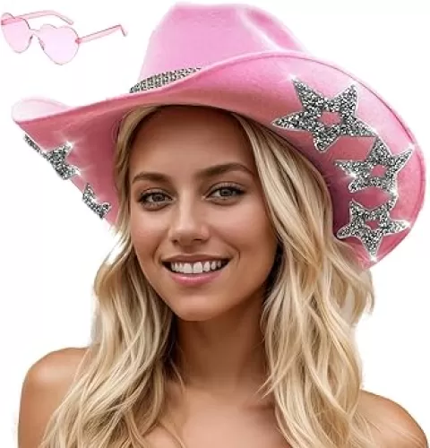 Cowboy Hats with 6 Sequins Stars & Tiara Belt for Women Rodeo Party Hats with Heart Shaped Sunglasses