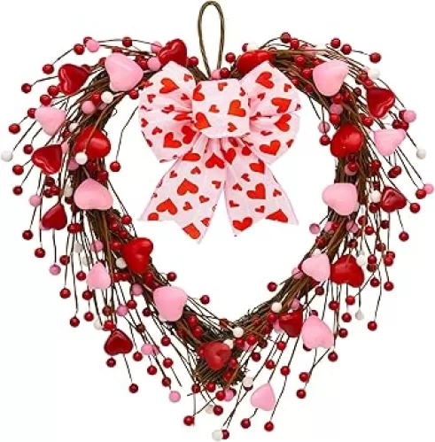 CRCZK Valentines Day Wreath for Front Door - 16Inch Red & Pink Heart Wreath with Artificial Hearts & Berries - Valentine's Day Bow Wreath for Indoor & Outdoor Decor
