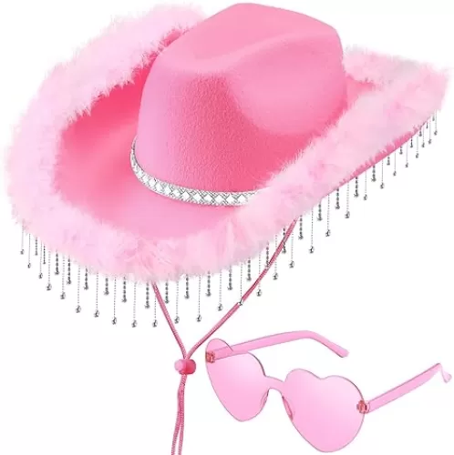Cuffbow Cowboy Hat with Heart Sunglass Cowgirl Hat with Feathers Boa Brim and Glitter Diamond Fring for Bachelorette Party