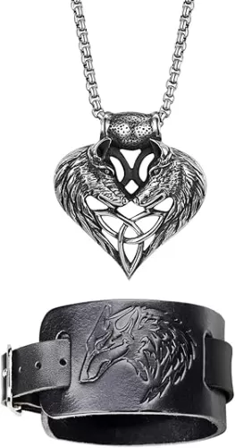 Cupimatch Men's Wolf Head Wide Leather Bracelet Necklace Set, Punk Rock Adjustable Wrist Belt Cuff Bangle Heart Celtic Knot Amulet Pendant Necklace Chain Jewelry