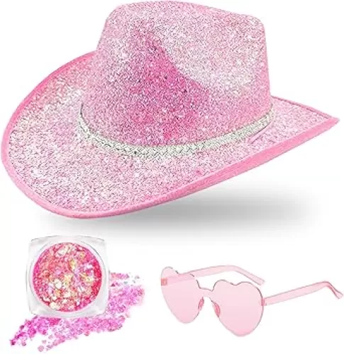 DAJOOEE Cowgirl Hat with Heart Sunglasses Sequin Glitter Cowboy Hat for Women Cosplay Bachelor Party Costume Hats