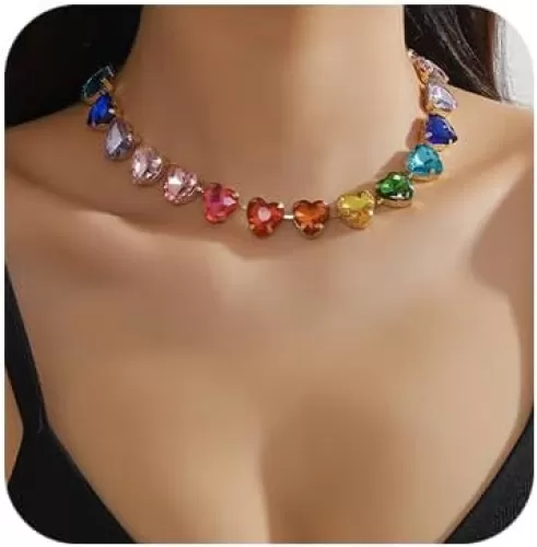 Denifery Rhinestone Heart Choker Necklace - Sparkly Crystal Heart Neck Chain Statement Necklace for Women