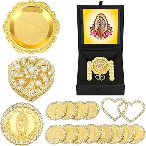 Dingion Wedding Arras Coins Set Arras Para Boda Catolica Decoracion Heart Shaped Box 13 Virgen of Guadalupe Coins Virgen De Guadalupe Gift Box Arras De Boda Cristiana Wedding Accessories (Gold)