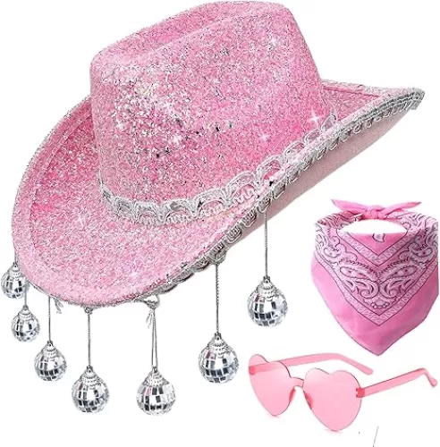 Disco Sequin Cowgirl Hat with Heart Sunglasses and Bandana, Glitter Disco Ball Cowboy Hat for Women Men Costume