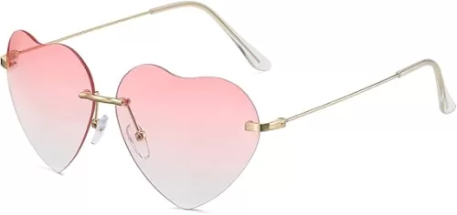 Dollger Pink Heart Sunglasses Women Rimless Heart shaped Sunglasses Cute Rave Metal Frame Festival Glasses