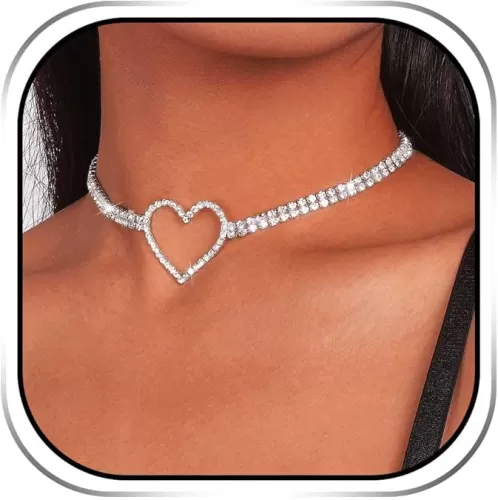 EARENT Rhinestone Heart Choker Necklace Silver Sparkly Jewelry for Women
