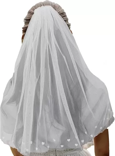 Elegant White Bridal Veil with Heart Embellishments - Soft Gauze Fabric, Versatile for Weddings & Special Occasions