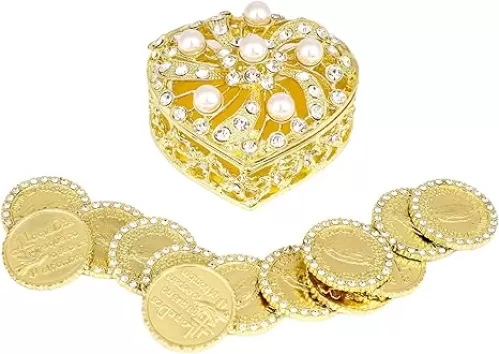 ESNOY Wedding Arras Coins Set, Arras De Boda Catolica, Gold Heart Shaped Box with 13 Virgen of Guadalupe Coins, Regalos Para Bodas Decoracion