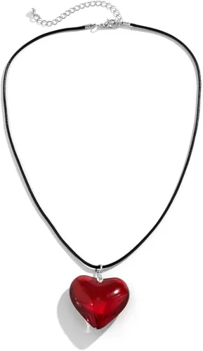 Etercycle Red Heart Necklace, Chunky Puffy Heart Choker Necklaces for Women, Big Glass Heart Pendant Necklace Y2K Trendy Jewelry Accessories (Red Heart)