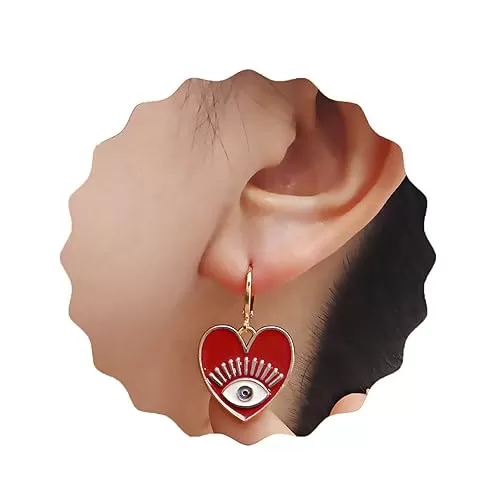 Evil Eye Drop Earrings for Women Vintage Geometric Heart Shaped Earrings Gold Heart Shape Pendant Earrings Jewelry for Graduation Day Gifts (Red)