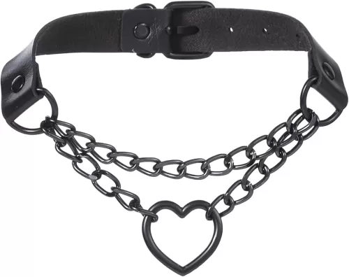 FM FM42 PU Simulated Leather Gothic Punk Black-tone Silver-tone Heart Ring Cuban Curb Link Chain Adjustable Neckband Collar Choker