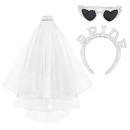 Framendino, Pearl Bride Headband with Veil Heart Shaped Sunglasses Bridal Hairband for Bachelorette Party Decorations