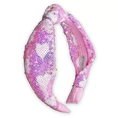 FROG SAC Heart Headband for Girls - Knotted Head Bands for Kids, Top Knot Hair Band for Children, Pink Sparkly Sequin Hair Accessories for Toddlers, Valentines Little Girl Fashion Hairband