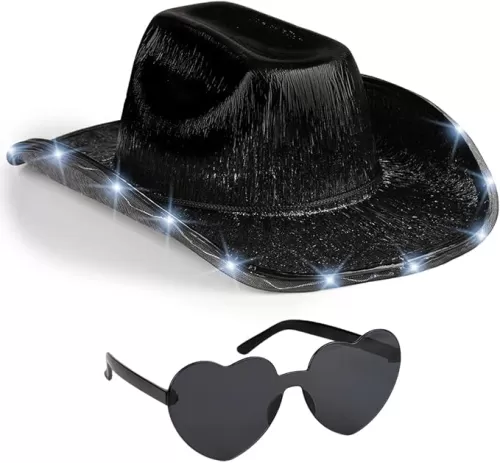 Funcredible Black Light Up Cowboy Hat and Glasses - Led Cowgirl Hat for Girls - Neon Cowboy Hats - Cowgirl Costume Accessories for Women