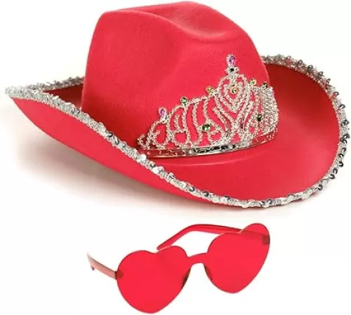 Funcredible Cowboy Hat and Glasses - Preppy Cowgirl Hat with Star - Sparkly Cowboy Hat