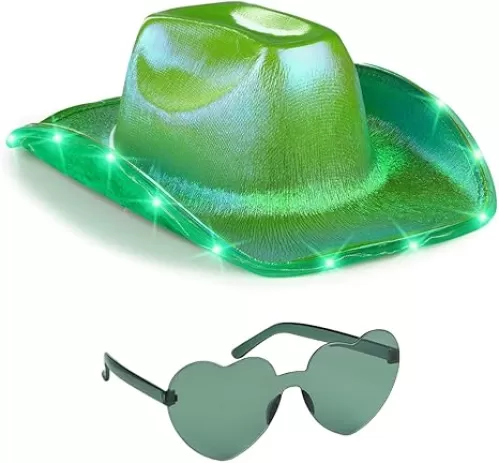 Funcredible Green Cowboy Hat and Glasses - Light Up Neon Green Cowgirl Hat for Women and Girls - Perfect for Space Cowgirl Outfit, Parties, and Themed Events