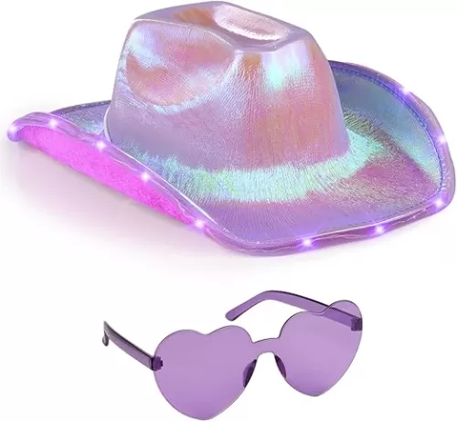 Funcredible Purple Light Up Cowgirl Hat - Shiny Cowboy Hat with Heart Glasses - Perfect for Space Cowgirl Outfit, Disco Cowboy Outfit, and Rodeo Costumes