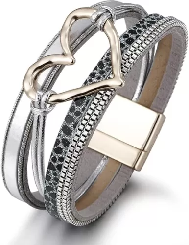 Fuqimanman2020 Punk Multilayer PU Leather Love Heart Shape Wide Wrap Bracelet Crystal Mutual Clasp Bangle Wristband Cuff Armband for Women Men Lover Velentine's Day Wedding Jewelry