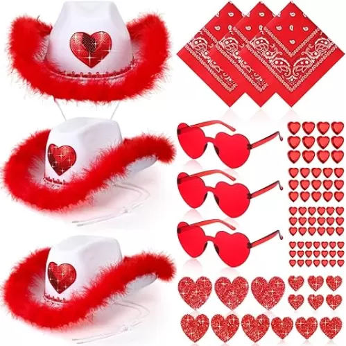 Geiserailie 26 Pcs Red Cowgirl Hats and Heart Glasses Fluffy Feather Cowgirl Hats with Paisley Bandana DIY Rhinestone and Gem Stickers Set for Wedding Bachelorette Birthday Cosplay Party Dress up