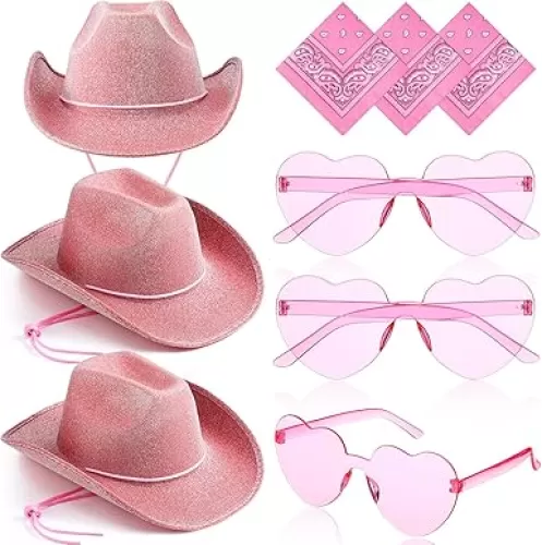 Geyoga 9 Pcs Cowboy Hat with Paisley Print Bandanas and Heart Shape Sunglasses for Adults Cowboy Party Costume