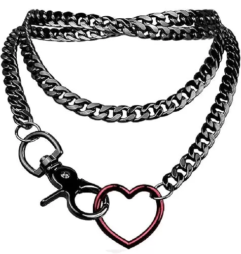 GIGB PBDK Chunky Heart Slip Chain Necklace for Women, Red Love Pendant Black Adjustable Cuban Link Layered Lariat Choker, Gothic Punk Statement Jewelry Gifts
