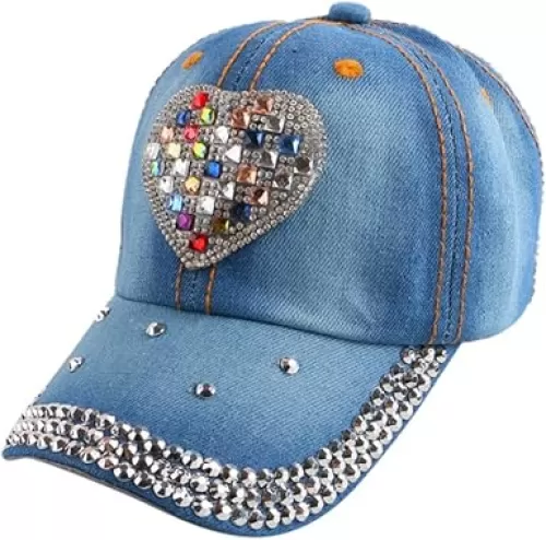 Girls Bling Rhinestone Baseball Cap Heart Shaped Snapback Sun Hat
