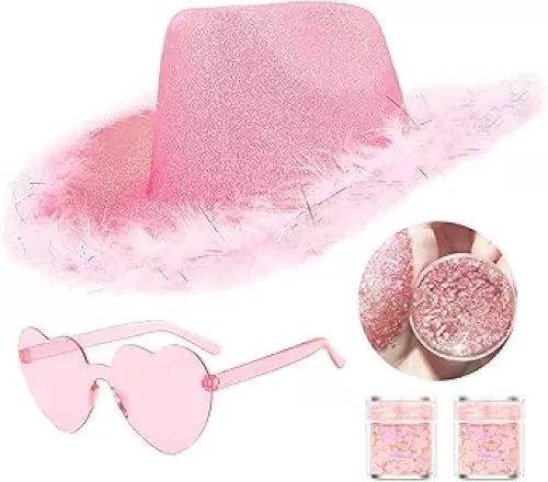 Glitter Cowgirl Hat with Heart Sunglasses Body Glitter Face Glitter Cowboy Hat for Women Men Music Festival Party
