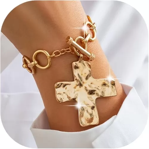 Gold Charm Cross Heart Bracelet for Women, Punk Chunky Cross Religious Bracelets Vintage Love Pendant Link Chain OT Clasp Christian Jewelry