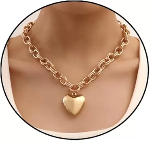 Gold Heart Necklace for Women Puffy Heart Pendant Necklace Gold Chunky Chain Link Necklaces Charm Heart Coin Choker Necklace Statement Jewelry