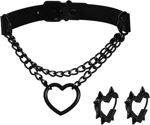 Goth Heart Chain Choker Black Heart Earrings Jewelry Set Gothic Punk Grunge Emo PU Leather Necklace Y2k Huggie Hoop Spike Black Earring Jewelry Gift for Women Men