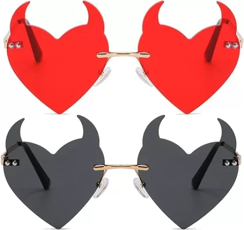 Goth Horns Heart Sunglasses for Women Rimless 90s Punk Heart Glasses Trendy for Party Festival colored Sunglasses