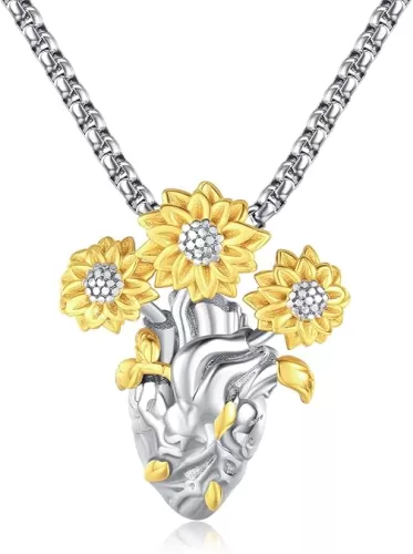 Gothic Anatomical Heart Necklace Sterling Silver Sunflower Necklace Anatomical Organ Heart Punk Pendant for Men Jewelry Christmas New Year Gift