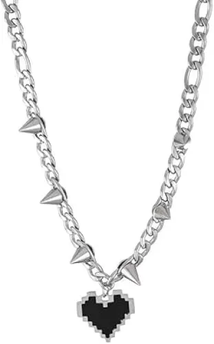 Gothic Black Heart Pendant Punk Spike Rivets Choker Statement Necklace for Women Men Vintage Cool Heavy Adjustable Chunky Cuban Link Chain Goth Love Charm Streetwear Studded Jewelry Night Club Costume