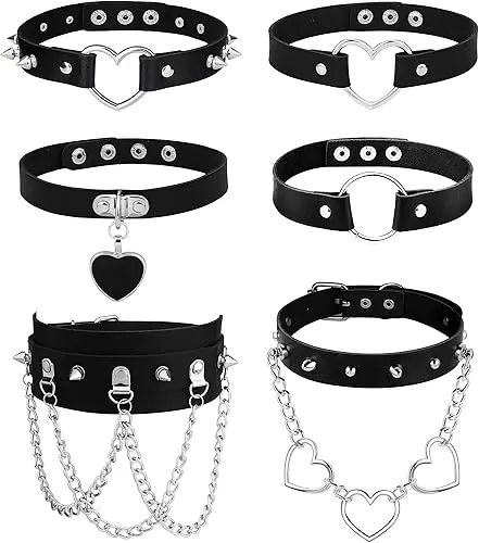 HAIAISO 6-9pcs Leather Punk Goth Choker Necklace with Love Heart Spikes, Adjustable Pu Collar for Women