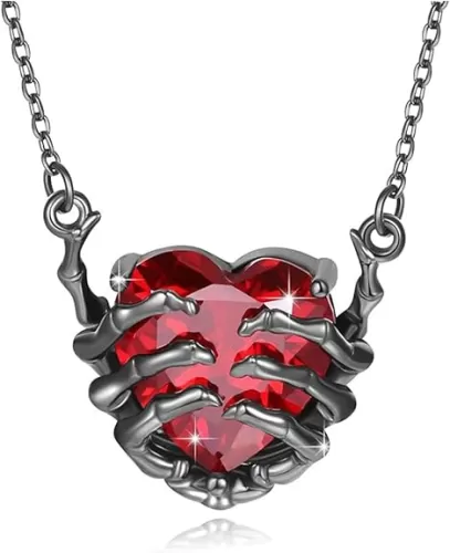 Halloween Skull Hand Necklace for Women Red Crystal Heart Necklace Punk Skeleton Pendant Necklace Gothic Rock Cosplay Party Jewelry Gift