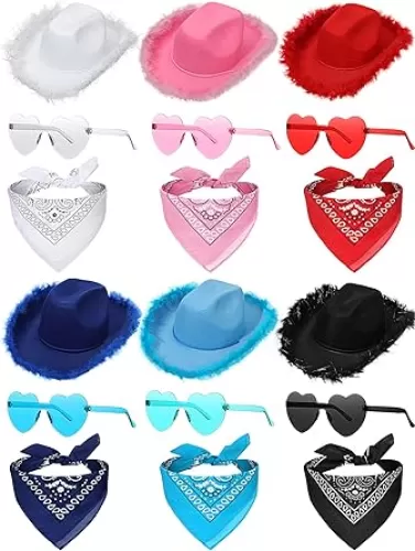 Handepo 6 Pcs Cowboy Hat Set Cowgirl Hat with Feather Heart Shaped Sunglasses Paisely Bandana Accessories for Women Men Bachelorette Party Costume, Assorted Colors