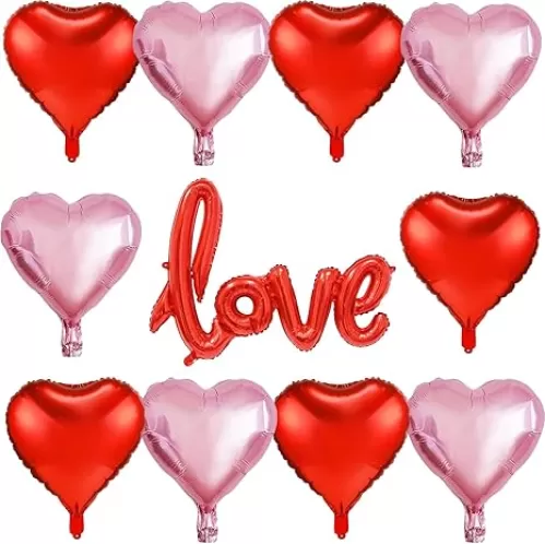 Heart Balloons Valentines Day Decorations - 11 pcs, 18" | Red Pink Heart Foil Mylar Balloons Love Shaped Balloon for Birthday Party Decorations Wedding Decor Engagement Holiday (Red, Pink)