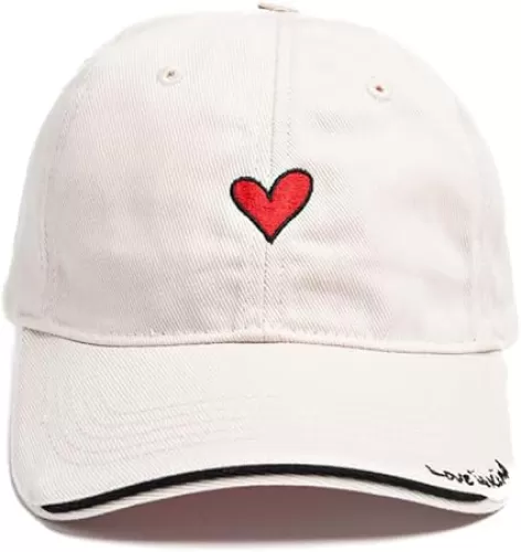 Heart Embroidery Baseball Hat – Adjustable Cap with 'Love is Kind’' Embroidery on The Brim, Eco-Friendly, Baseball Cap with Sun Protection 50+, Casual Everyday Wear, Beige