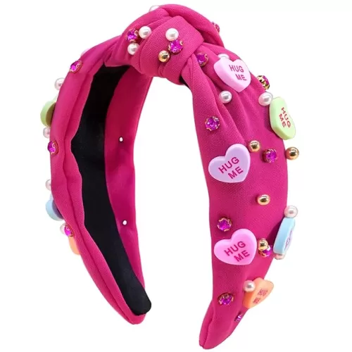 Heart Hug Me Headband for Women - Red Pink Love Rhinestone Beaded Pearl Heart Valentines Party Accessories Gifts