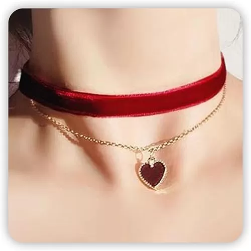 Heart Necklace, Red Heart Choker Necklace for Women as Birthday Day Gifts for Her, Black Velvet Necklace Black Vintage Choker as Heart Jewelry for Aniversario Gift