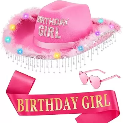 Hercicy 3 Sets Cowgirl Hat Birthday Gifts for Women LED Rhinestone Pink Birthday Hats Sash Heart Shaped Sunglasses for Party