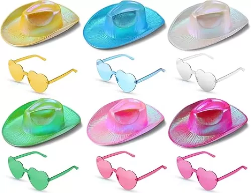 Holographic Cowgirl Space Rave Hat with Rimless Heart Shape Sunglasses Neon Sparkly Cowboy Hat for Women Men Summer Costume Party (Blue, Rose, Green, Yellow, Pink, White, 12 Pieces)