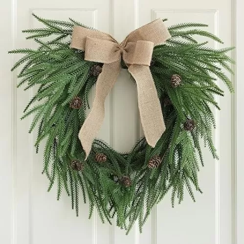 Hometrance Plain Christmas Norfolk Pine Wreaths for Front Door 20 Inches, Real Touch Heart Xmas Winter Wreath with Burlap Bow for DIY Window Outdoor Outside, Holiday Farmhouse Wreath for Indoor Decor