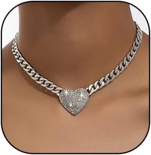 HUJUON Rhinestone Heart Necklace for Women Gold Silver Heart Pendant Choker Necklace Cuban Link Chain Love Heart Chunky Necklace Zircon Heart Statement Necklace