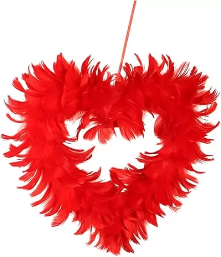 INIFLM Heart-Shaped Wreath, Artificial Double-Sided Red Feathers Wreath Valentines Day Wedding Garland for Front Door Wall Hanging Decoration