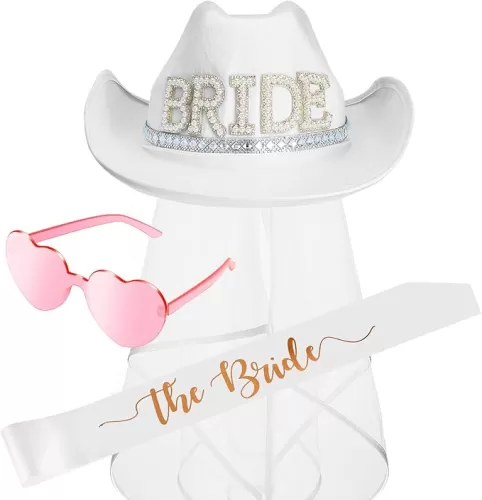 Janmercy The Bride White Cowgirl Hat with Veil Bachelorette Party White Satin Sash Rimless Heart Shape Sunglasses Wedding Party Supplies