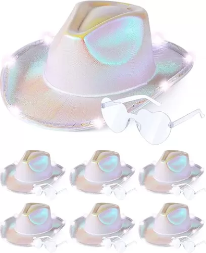 Jecery 12 Pcs Light Holographic Space Cowgirl Hat and Heart Shape Sunglasses LED Rave Cowboy Hat Rimless Heart Sunglasses for Teens Adult Party, White