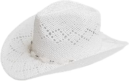 JEN & CO. Nava - Western Cowboy - Heart-Shaped Beaded Band - Paper Straw Vacation Sun Hat